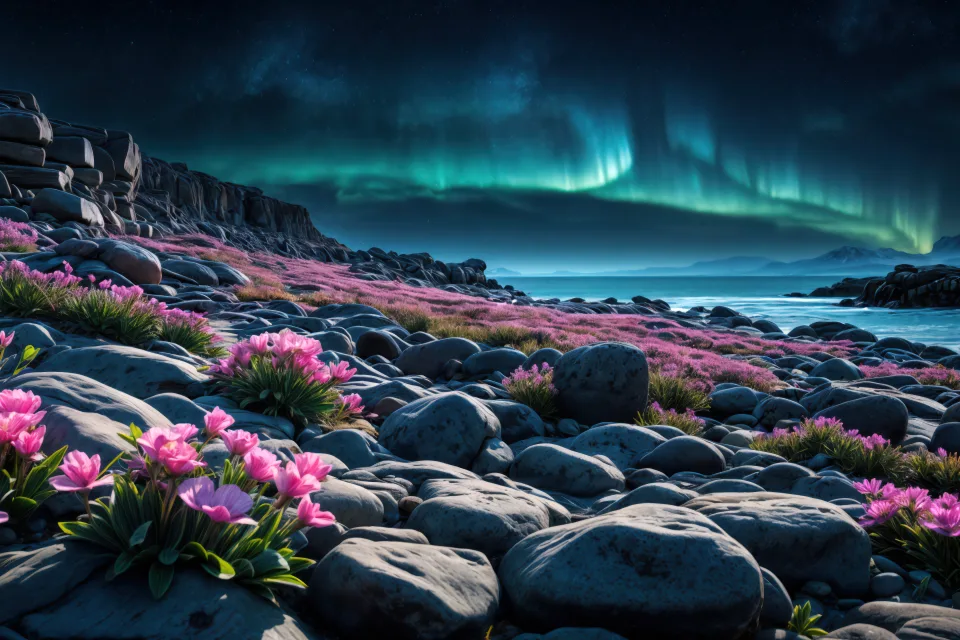 Felsstrand Polarlichthimmel