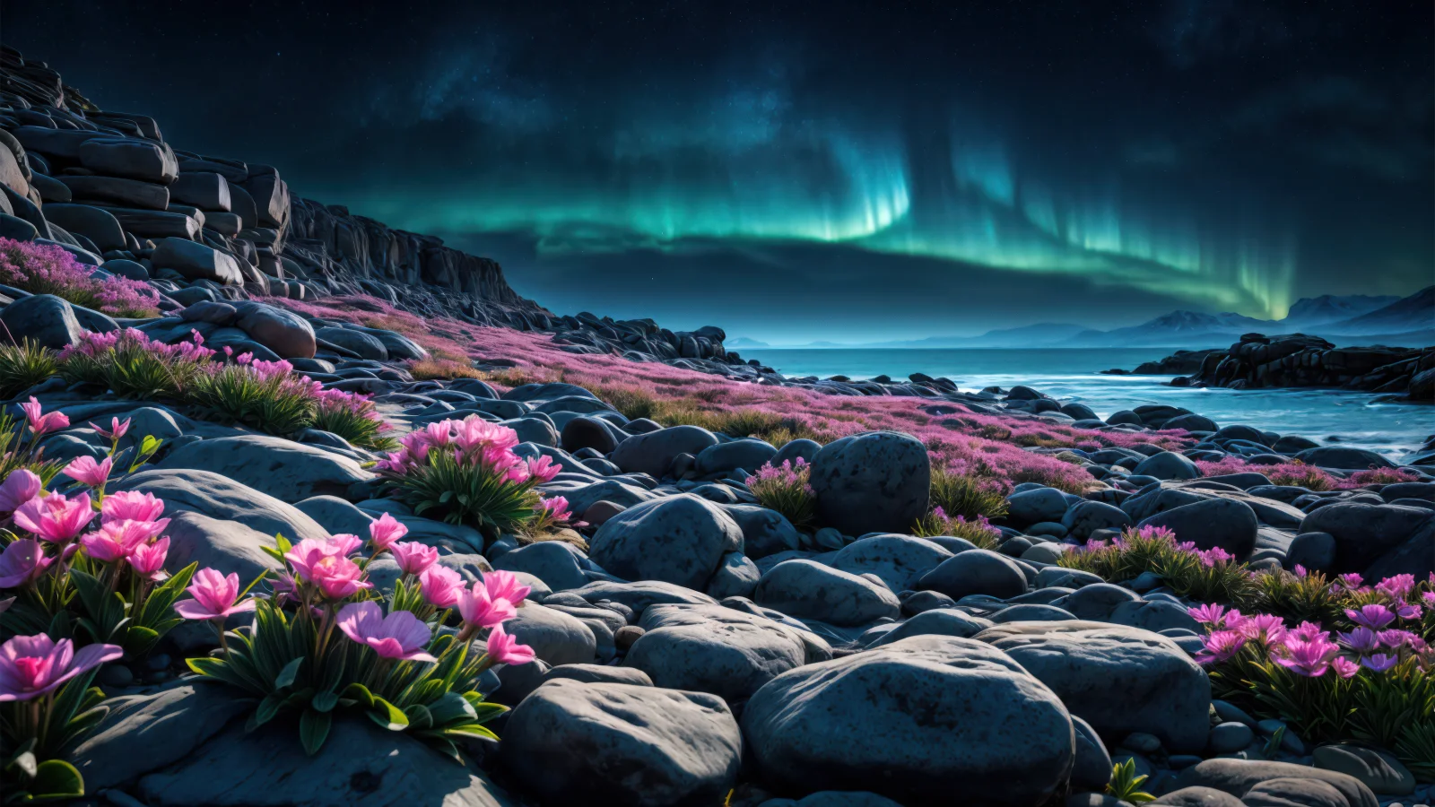 Felsstrand Polarlichthimmel