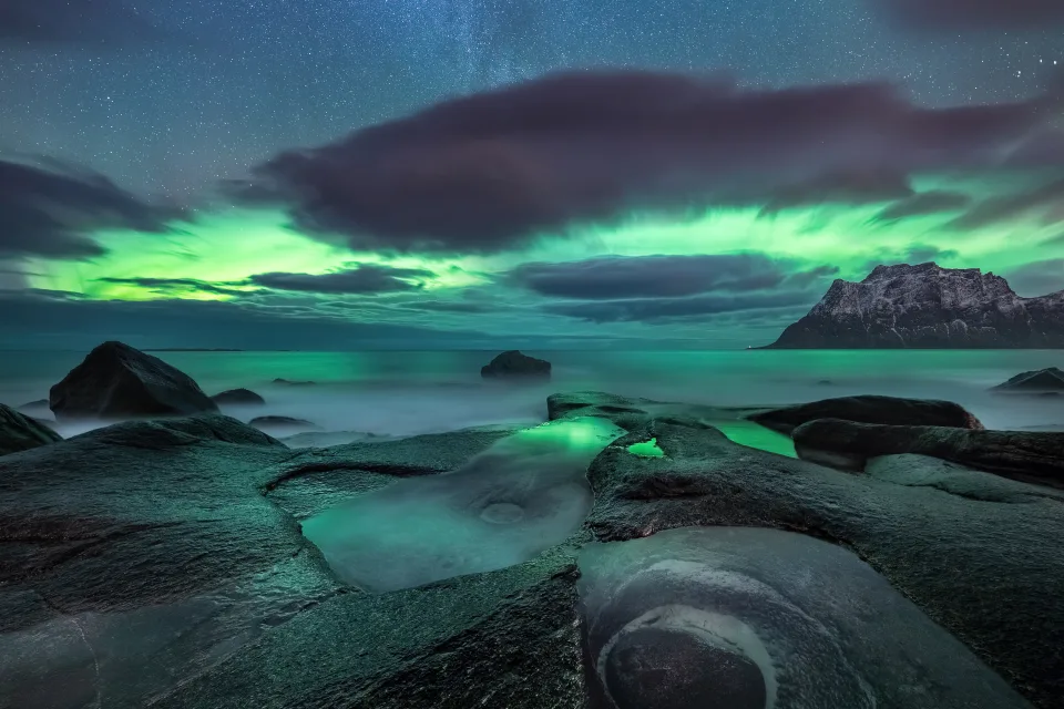 Uttakleiv beach Polarlichthimmel