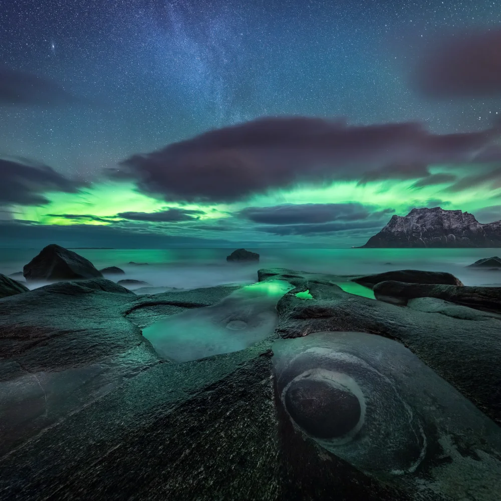 Uttakleiv beach Polarlichthimmel