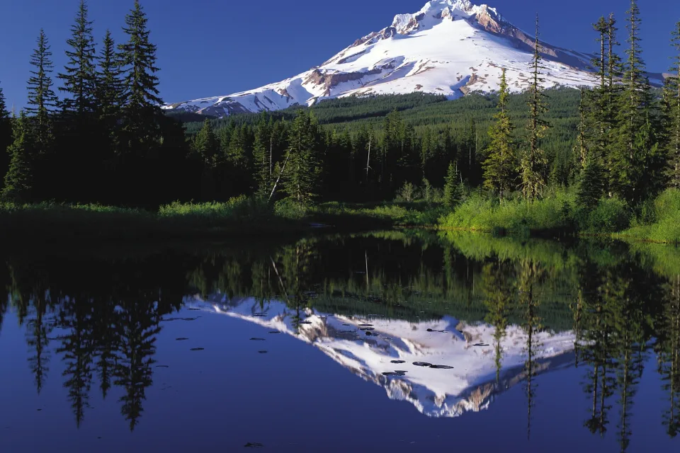 Schlafender Vulkan Mount Hood spiegelt sich im Wasser, USA